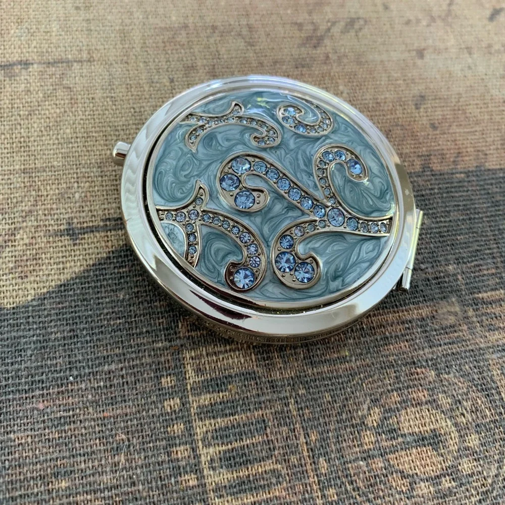 NWOT Argento SC Compact Mirror: Blue Rhinestones on Lid, Double Sided Inside - Picture 2 of 10